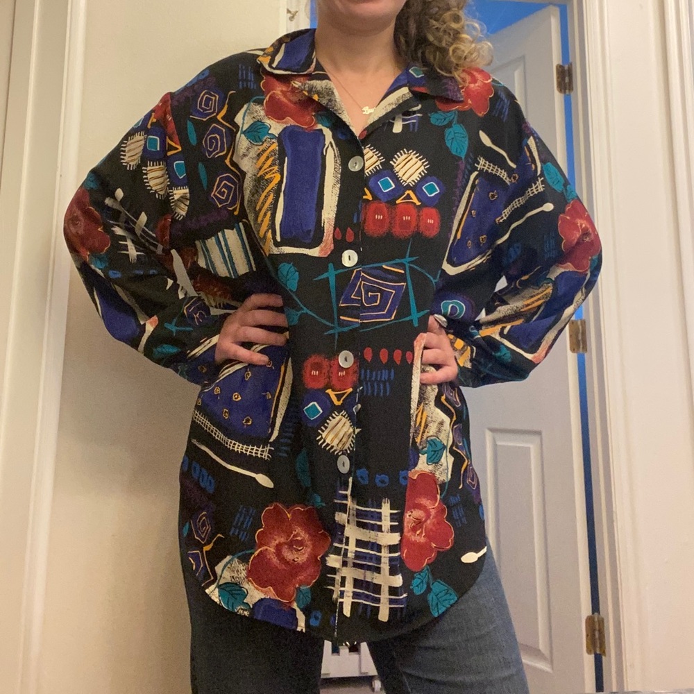 Abstract Silky Button Down Blouse VINTAGE